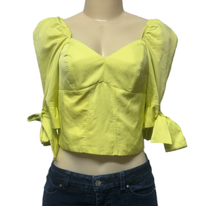 Express Puff Sleeve Corset Tie Sleeve Smocked Crop Top Womens XS Neon Green